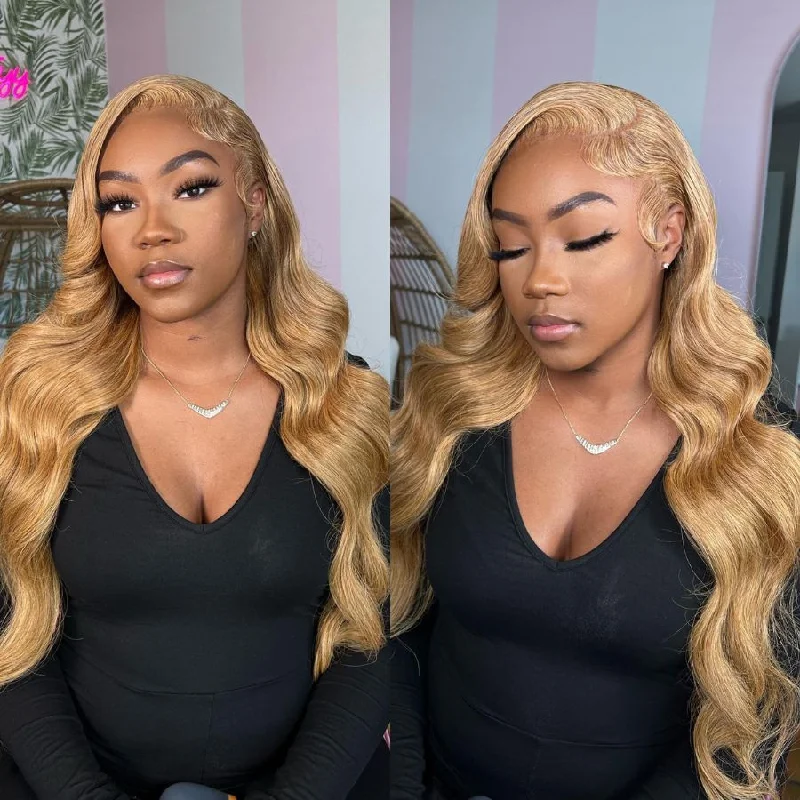 Lace wig with a pre - bleached knot for a natural - looking scalpWOWANGEL Honey Blonde 13x6 Skinlike Real HD Lace Front Wig Body Wave