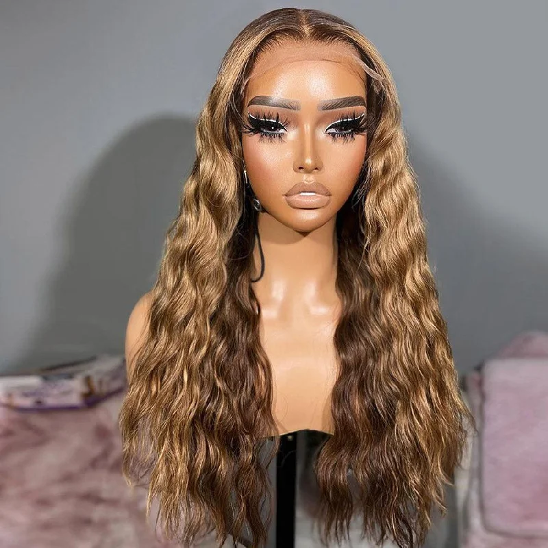 Synthetic lace wig with a heat - resistant formulaWOWANGEL Ombre Blonde 13X6 Full Frontal Skinlike Real HD Lace Wig Water Wave