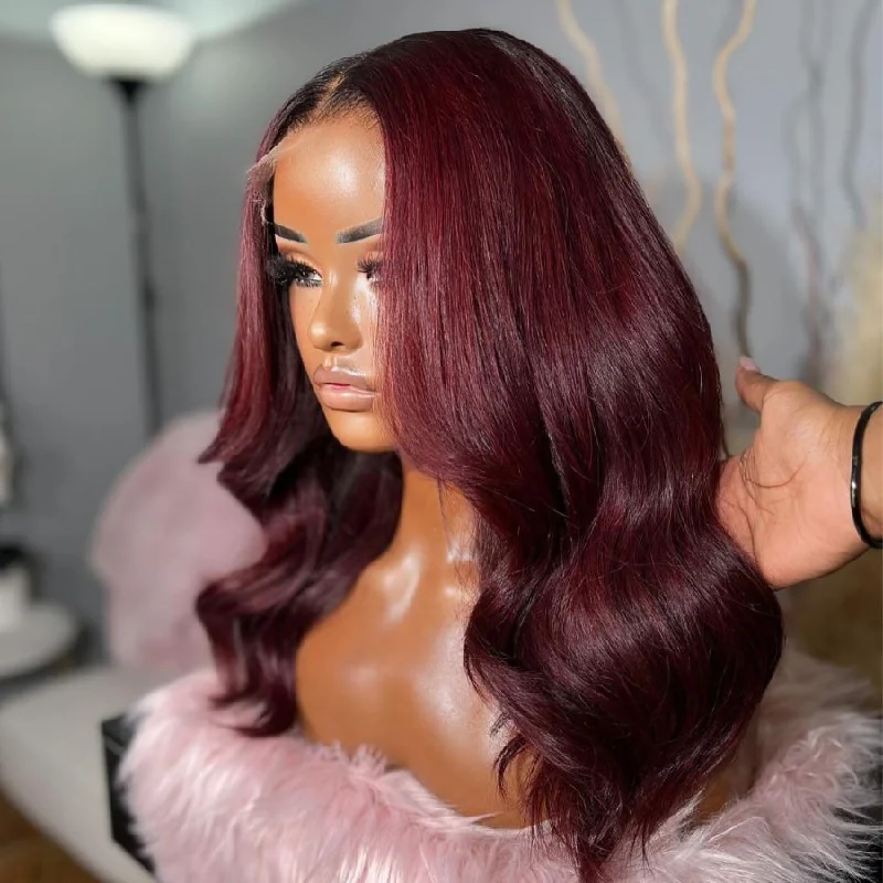 Lace wig with a pre - bleached knot for a natural - looking scalpWOWANGEL Ombre Burgundy 6x6 HD Lace Closure Wig 99J Glueless Wig