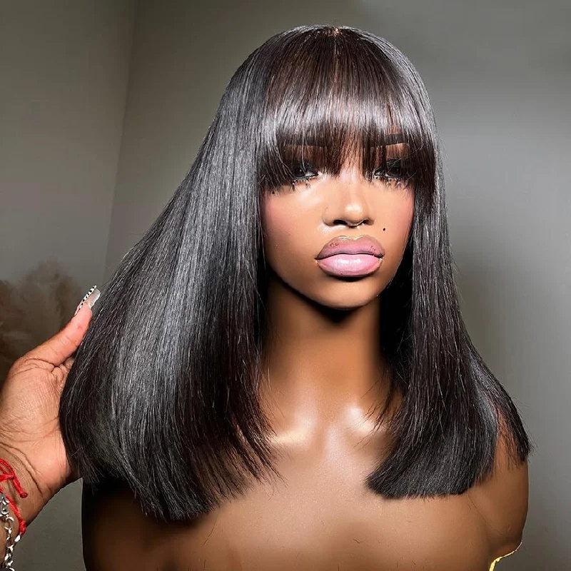 Lace wig with a middle - part for a classic and elegant styleWOWANGEL Wear & Go Straight Short BOB With Bangs 5x5 HD Lace Closure Wig Glueless Wig