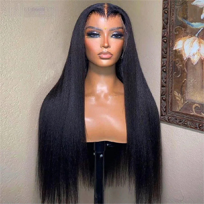 Lace wig with a pre - bleached knot for a natural - looking scalpWOWANGEL Yaki Straight 13X6 Skinlike Real HD Lace Front Wig Nature Hairline