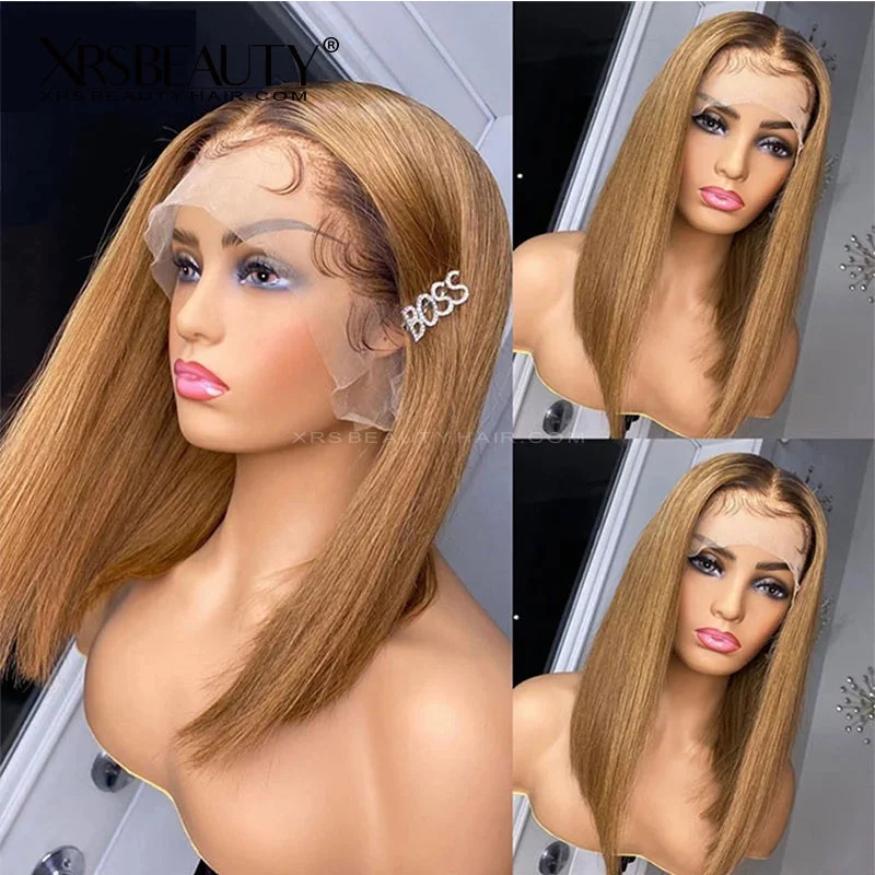 Adjustable - cap colored wig for a comfortable fit4/27 Ombre Honey Blonde Bob Front Lace Wig Human Hair Bleached Knots [BOB39]