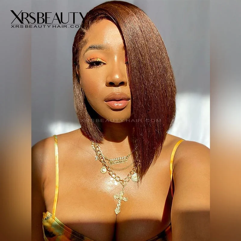 Adjustable - cap colored wig for a comfortable fitChestnut Brown Yaki Straight Asymmetric Bob Lace Front Wig [BOB47]