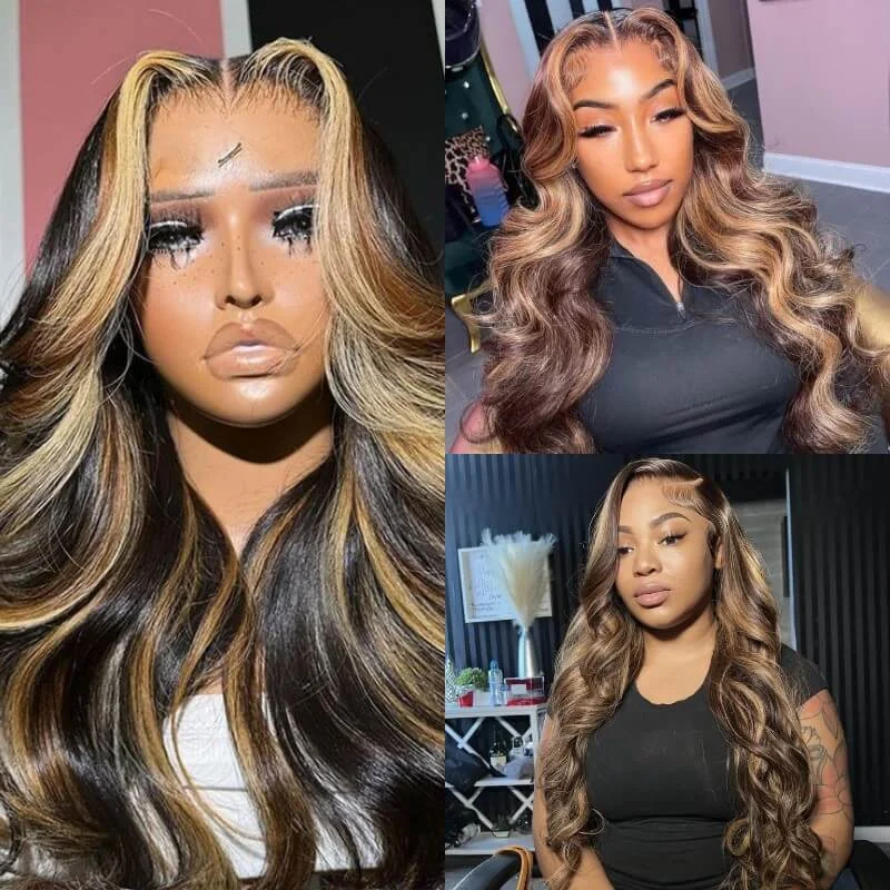 Colored wig in a vibrant pink color for a bold and eye - catching lookYMY Hair 13x6 Lace Front Honey Blonde Highlight Piano Color Body Wave Wig