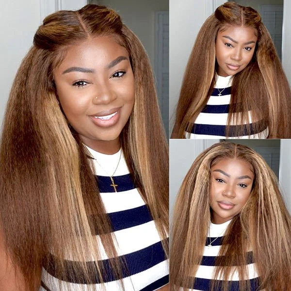 Colored wig with a wavy texture for a beachy and fun lookYMY Hair Kinky Straight Highlight Wig Upgraded Pre-plucked Natural Hairline