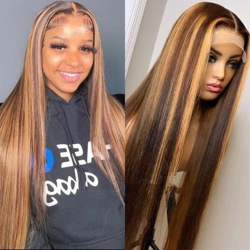 Colored wig with a side - part for a more flattering appearanceYMY Hair Undetectable Skin Melt Lace Front Straight Honey Highlight Wig