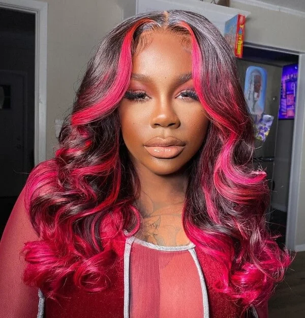 Colored wig with a purple - violet shade for a regal and elegant lookYMY Red Skunk Stripe Wig Human Hair 13x6 Lace Body Wave Wigs for Sale