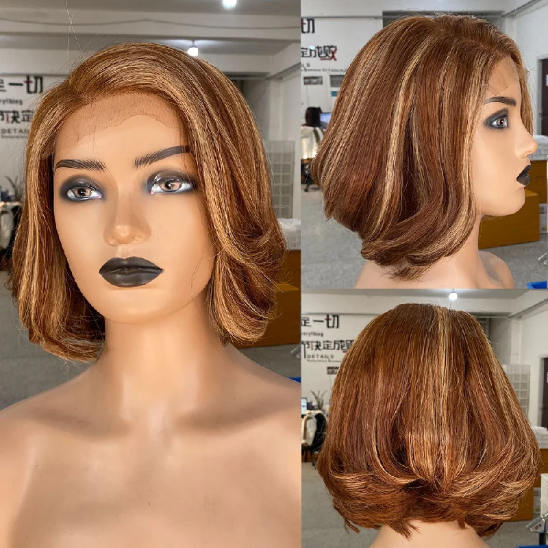 Bob wig with side - swept bangs for a sophisticated look13x4|13x6 Short Pre-styled Highlight Wavy Human Hair Lace Front Wig