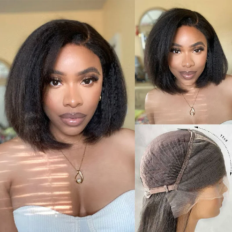 Petite bob wig suitable for women with small faces13x6 3D FULL FRONTAL Skin Melt Lace Preplucked Human Hair Lace Front Kinky Bob Wig