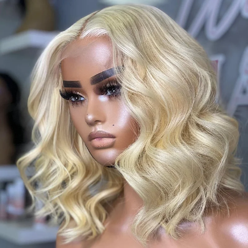 Heat - resistant bob wig for styling versatility13x4|13x6 HD Lace 613 Blonde Human Hair Lace Wig | Body Wave Bob