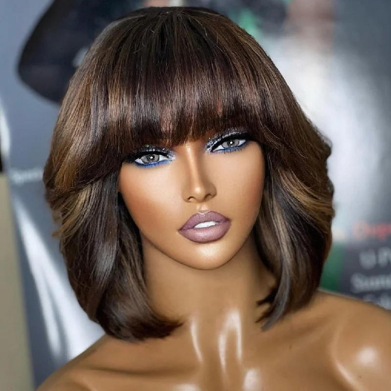 Petite bob wig suitable for women with small faces13X6 Skin Melt Lace Front Highlight Bob with Bang Human Hair Frontal Wig