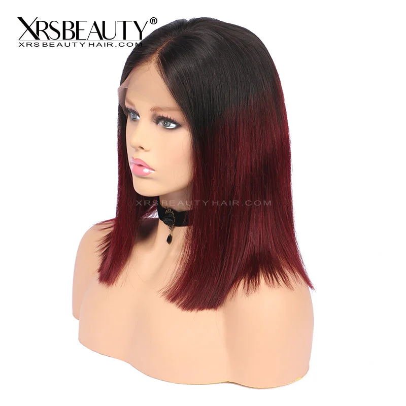 Bob wig with a wavy texture for a beachy lookBurgundy Bob Wig With Dark Roots Straight Lace Front 14 inches Human Hair [BOB09]