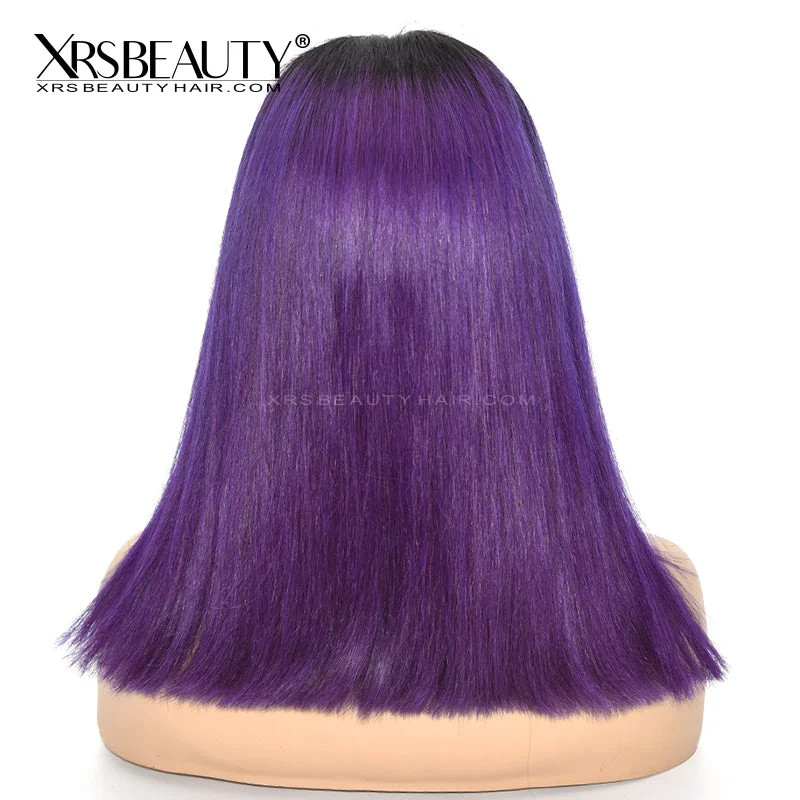 Bob wig with a blunt cut for a modern and edgy styleStraight Violet Human Hair Bob Wig With Dark Roots [BOB16]