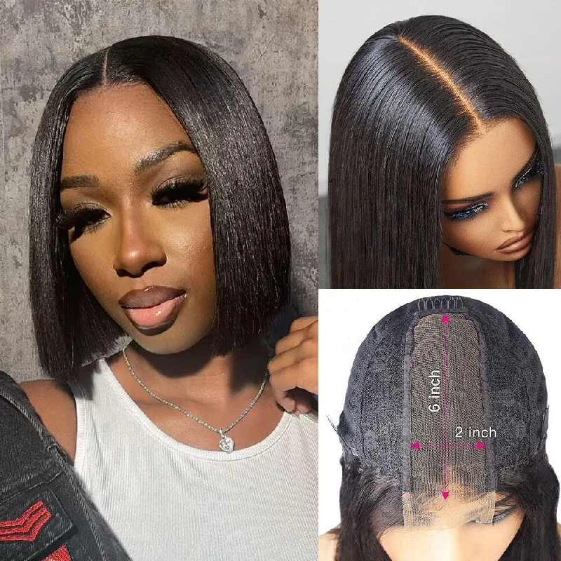 Bob wig with a pre - plucked hairline for a more natural look2x6 Deep Middle Part HD Skin Melt Lace Human Hair Blunt Cut Glueless Bob Wig