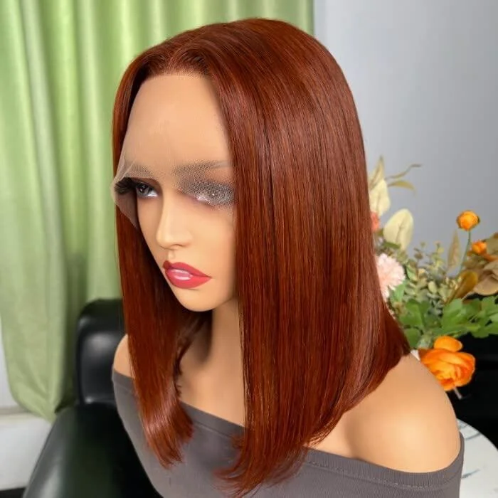 Adjustable - cap bob wig for a comfortable fitNew Pop #33 Reddish Brown Short Cut 5X5 13x4 Transparent HD Lace Blunt Cut Bob Straight Closure Wigs