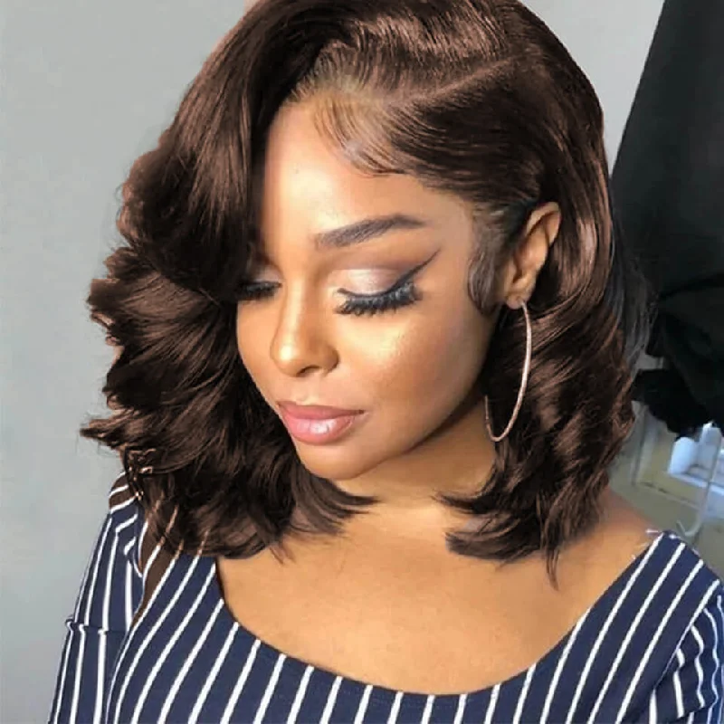 Bob wig with a curly fringe for a playful and youthful vibeChocolate Brown/Natural Black Body Wave Short Bob Lace Frontal Wigs Pre Plucked