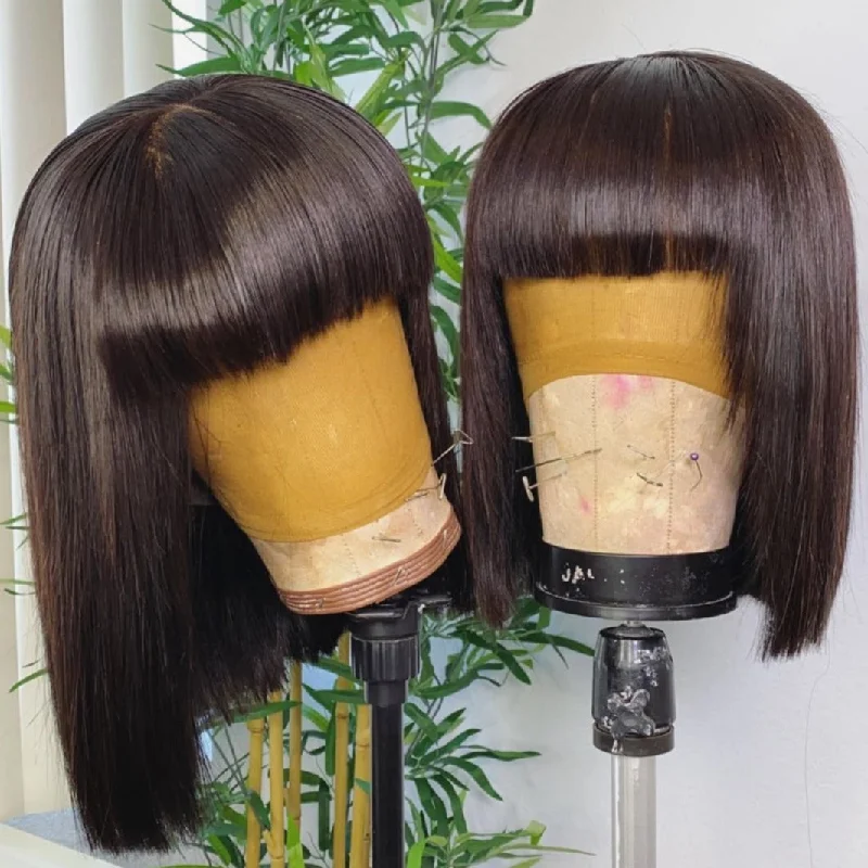 Lace - front bob wig for a seamless hairline4X4 Closure Bob Wig with Bang Human Hair Straight Lace Front Wigs