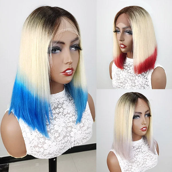 Bob wig for daily wear with a low - maintenance design613 Blonde Hair Wigs 150% Density Short Bob Lace Wigs Ombre Colored Lace Wigs (Pink Purple Blue)