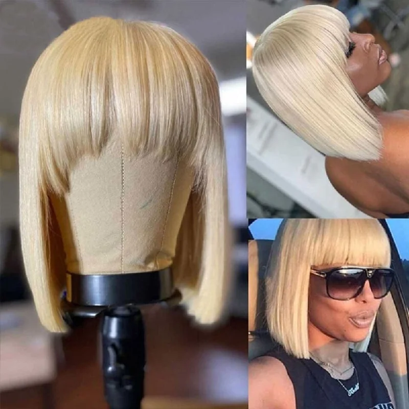 Bob wig with a monofilament cap for a breathable feelAlan| 13x4 Preplucked 613 Blonde Human Hair BOB Lace Wig With Bang| Silky Straight