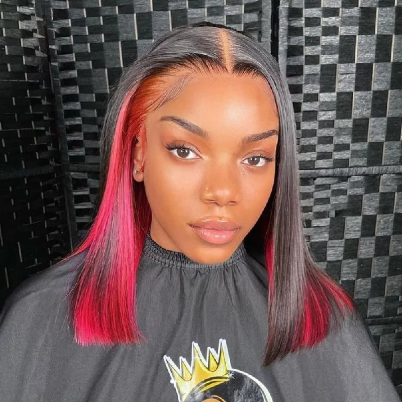 Layered bob wig to add volume and dimensionAlexis | Peekaboo Pink Hidden Color Preplucked Human Hair Bob Lace Front Wig