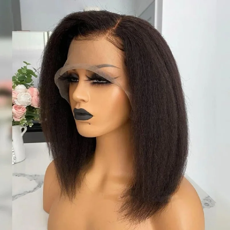 Synthetic bob wig with a natural - looking textureBasia | C Part Kinky Straight Prepluck Human Hair Closure Bob Lace Front Wig