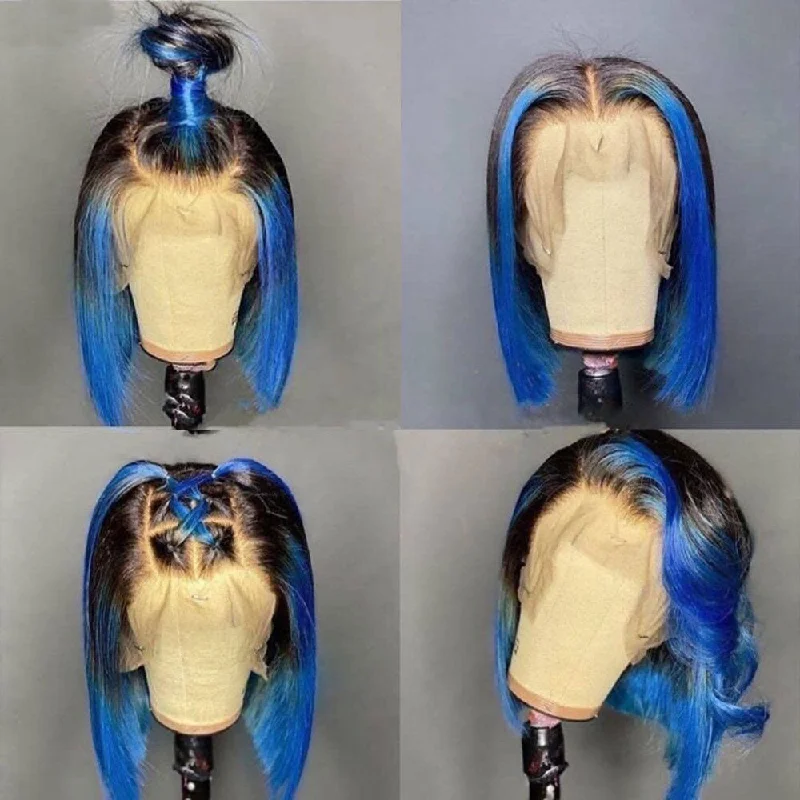 Bob wig in a jet - black color for a classic appearanceBillie | Highlight Blue Virgin Human Hair Bob Lace Wig