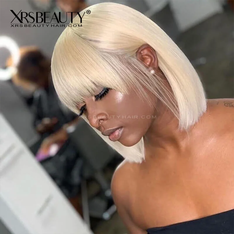 Synthetic bob wig with a natural - looking textureLace Front 613 Blonde Bob Wig With Bangs Straight Remy Human Hair [BOB22]