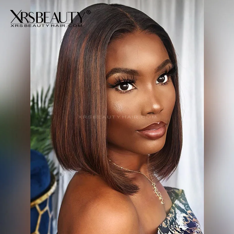 Bob wig with a monofilament cap for a breathable feelBlunt Cut Dark Brown Lace Front Bob Wig with Caramel Highlights [BOB44]