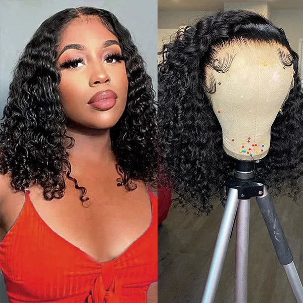 Bob wig in a jet - black color for a classic appearanceDeep Wave Short Bob Wigs 4x4 Lace Closure Bob Wigs Human Hair Lace Part Bob Wig