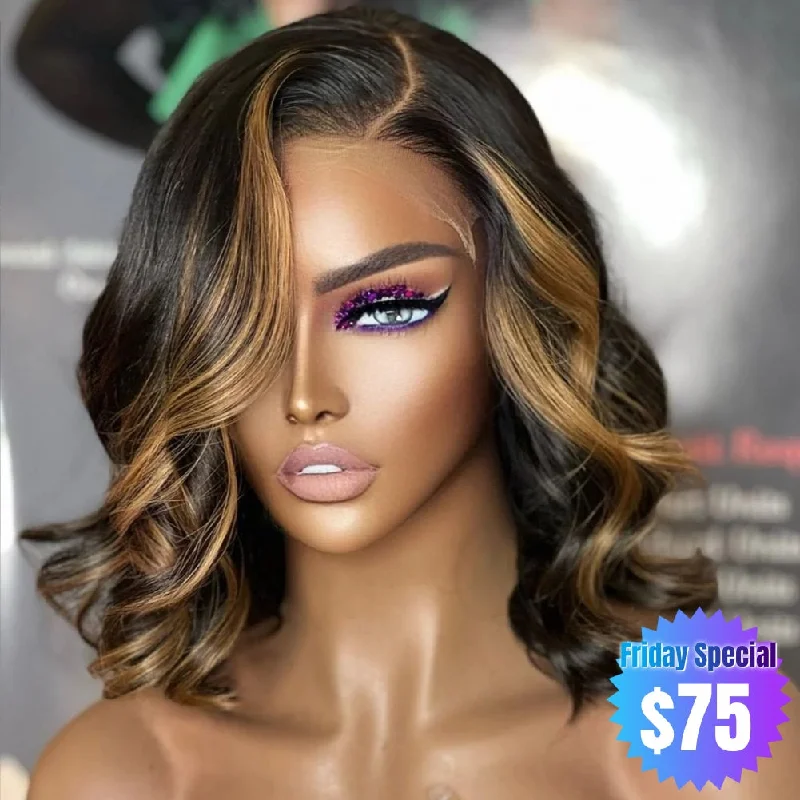 Short - bob wig for a super - sleek and minimalist style【Friday Special】Keisha | Honey Blonde Highlight  Virgin Human Hair Wavy Bob Lace Wig