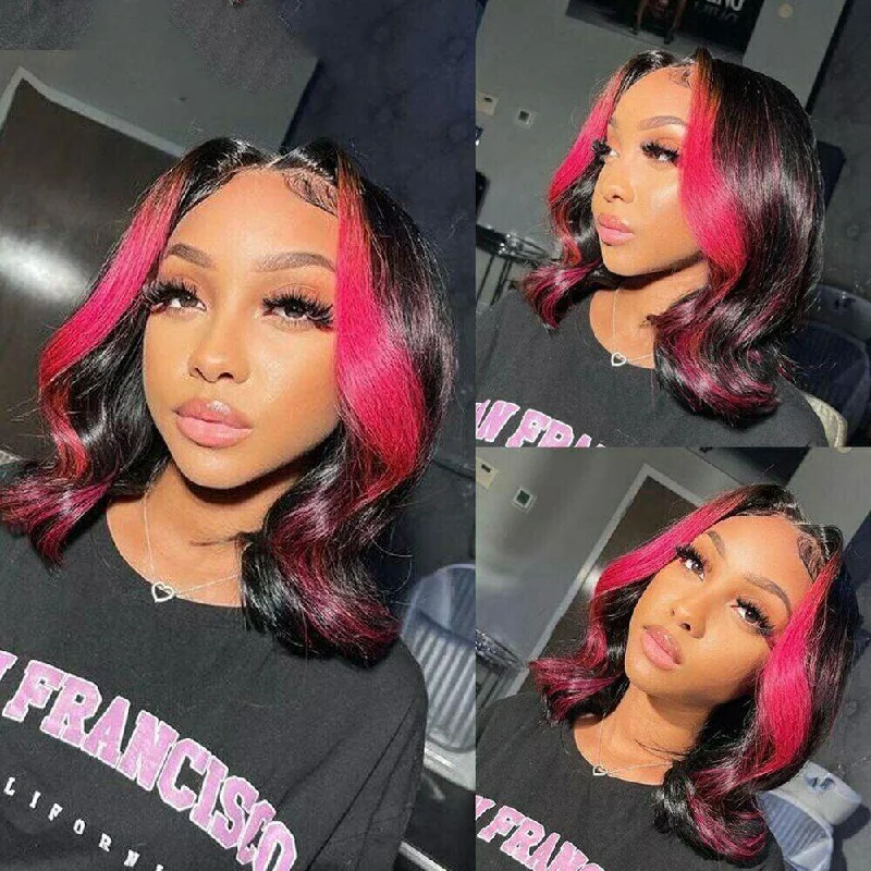 Bob wig with a blunt cut for a modern and edgy styleCrisssy | Rose Pink Highlights Preplucked Human Hair Wavy Bob Lace Front Wig