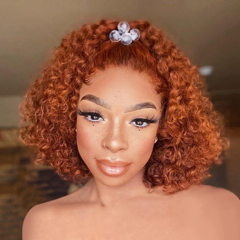 Bob wig with a curly fringe for a playful and youthful vibe210% Density Thick Short Cut Bob Ginger Orange Color Wig 13x4 Lace Front Deep Curly Human Hair Wig