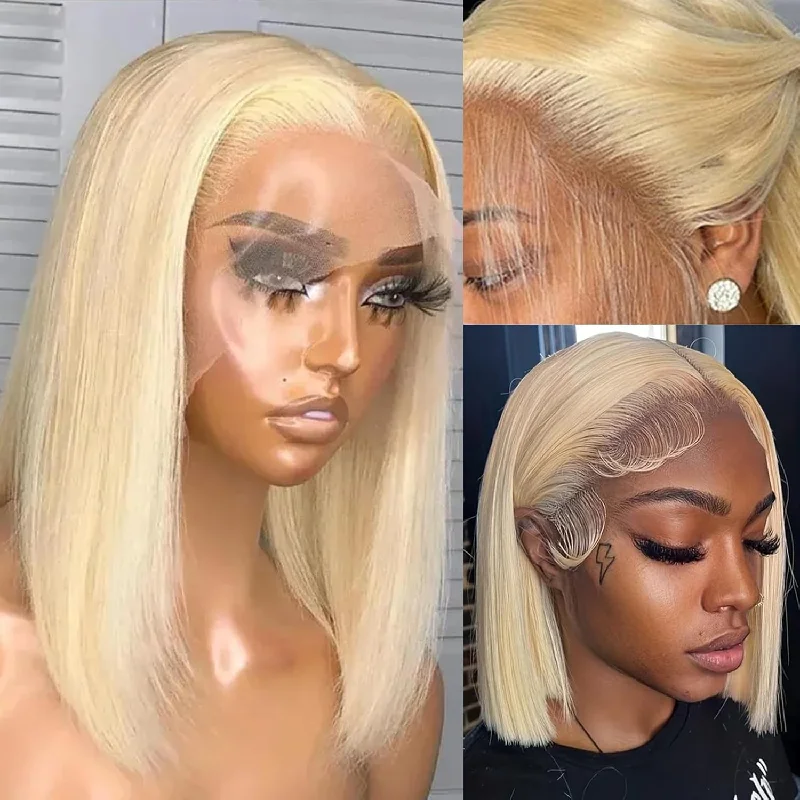 Bob wig with a pre - plucked hairline for a more natural lookDiana | 13x4 Preplucked 613 Blonde Human Hair BOB Lace Wig | Silky Straight