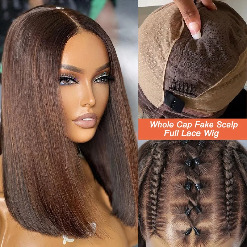 Bob wig in a jet - black color for a classic appearanceFull Lace Fake Scalp Free Parting Preplucked Human Hair Brown Bob Wig