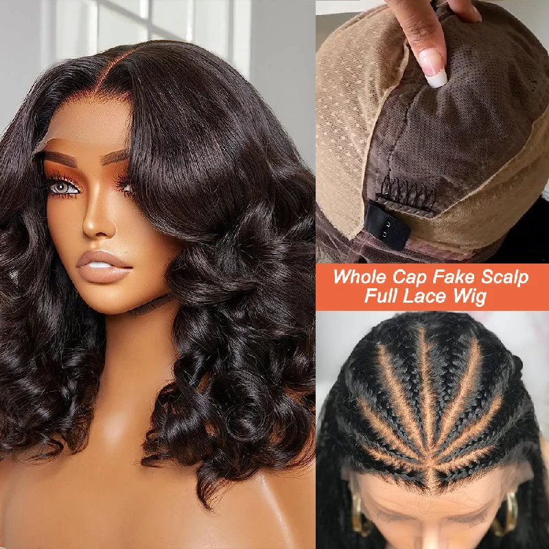 Bob wig with a blunt cut for a modern and edgy styleFull Lace Fake Scalp Free Parting Preplucked Human Hair Bouncy Wave Bob Wig