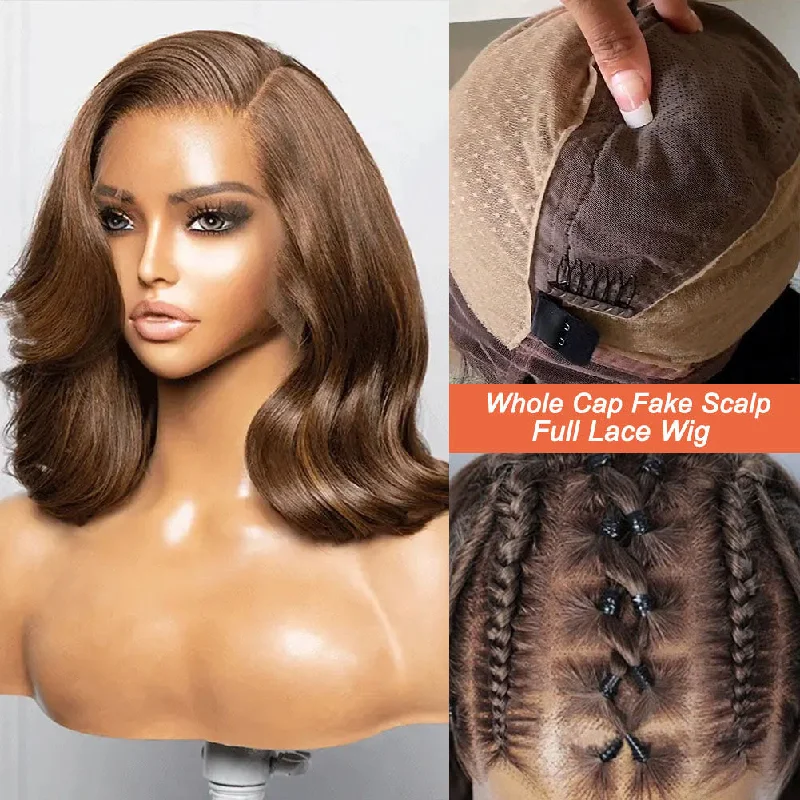 Layered bob wig to add volume and dimensionFull Lace Fake Scalp Free Parting Preplucked Human Hair Light Brown Yaki Bob Wig