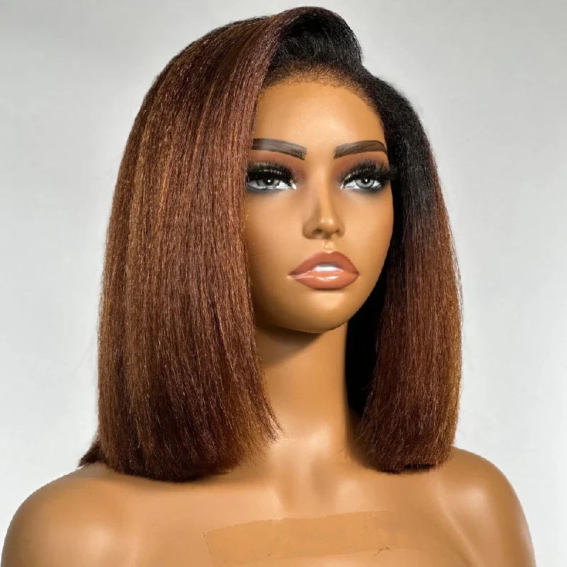 Bob wig with a pre - plucked hairline for a more natural lookFull Lace Fake Scalp Free Parting Preplucked Human Hair Ombre Brown Kinky Bob Wig