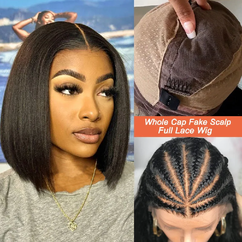 Bob wig for daily wear with a low - maintenance designFull Lace Fake Scalp Free Parting Preplucked Human Hair Yaki Bob Wig