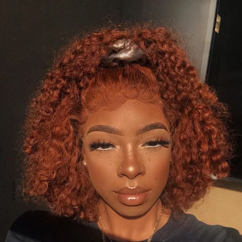 Bob wig with a curly fringe for a playful and youthful vibeGinger Orange Human Hair Lace Wig Colored Curly BOB  Wigs