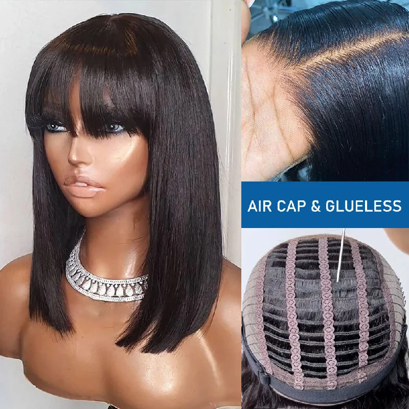 Bob wig with auburn highlights for a warm and vibrant appearanceGlueless Air Cap Skin Melt Swiss Lace Preplucked Human Hair Closure Bob Wigs with Bang