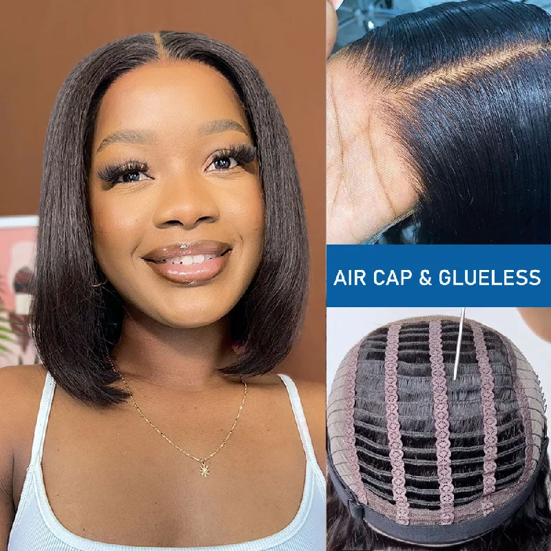 Short - bob wig for a super - sleek and minimalist styleGlueless Air Cap Skin Melt Swiss Lace Preplucked Human Hair Closure Yaki Bob Wigs