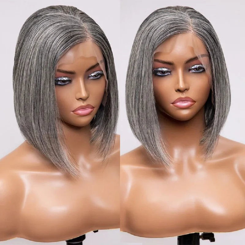 Bob wig in a jet - black color for a classic appearanceGrey Bob Salt and Pepper Virgin Human Hair Lace Front Bob Frontal Wig