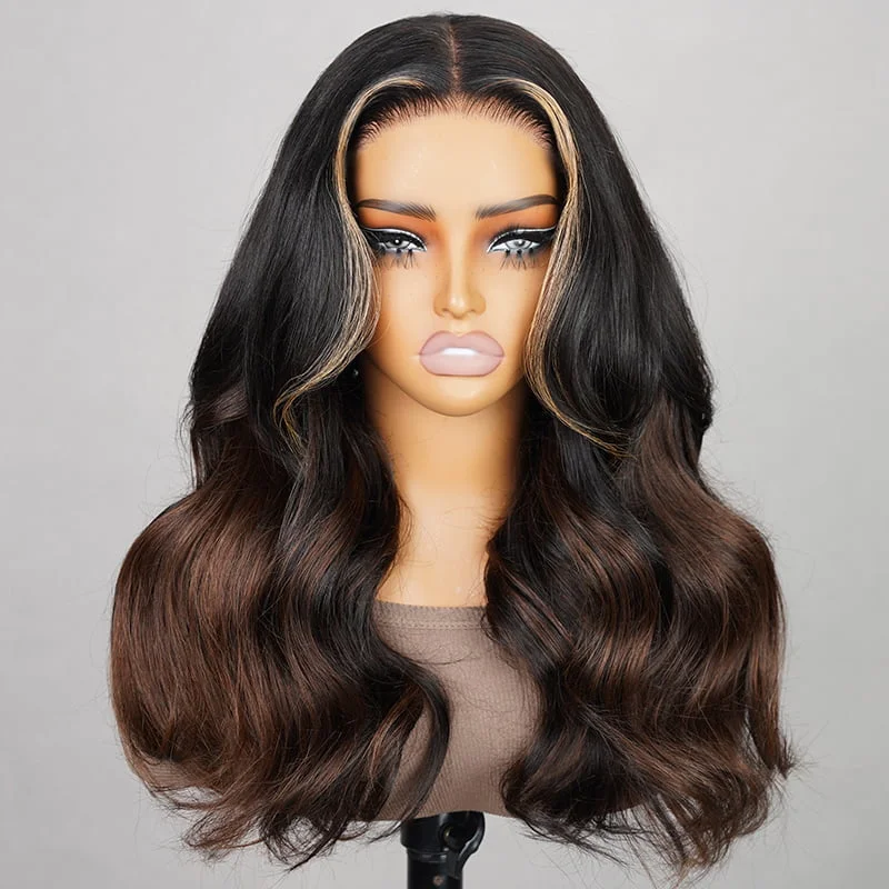 Bob wig made from high - quality synthetic fibers(Super Deal)Highlight Balayage With #4 Chestnut Brown Colored Loose Wavy Wig 5x6 Glueless Lace Front Wigs