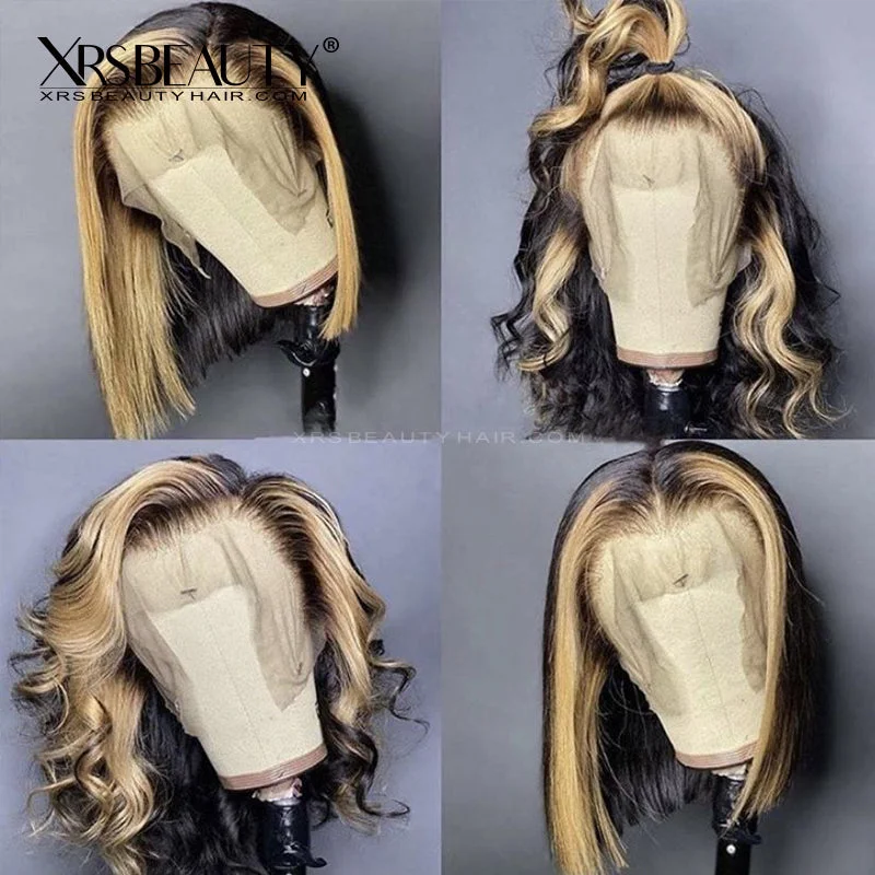 Bob wig with a blunt cut for a modern and edgy styleHoney Blonde Highlights 14 Inch Bob Lace Front Wig [BOB11]