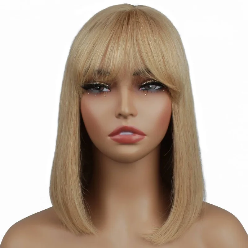 Bob wig in a jet - black color for a classic appearanceHoney Blonde Straight Capless Bang Bob Wig