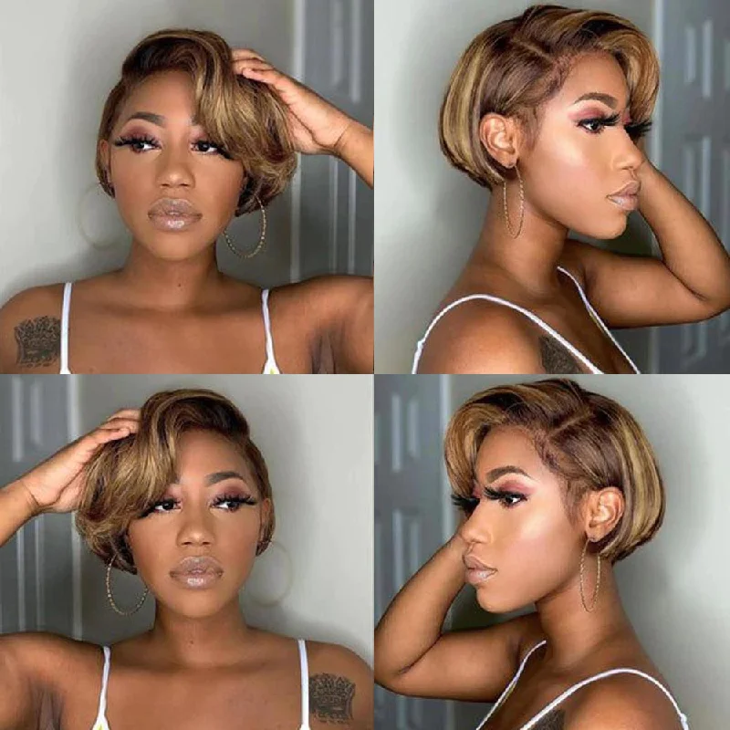 Bob wig with a wavy texture for a beachy lookLewis | Highlight Blonde Pixie Cut Preplucked Virgin Human Hair Wig