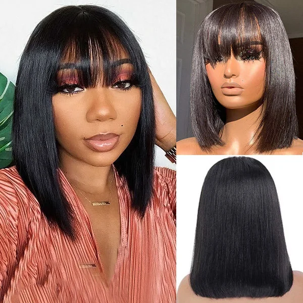 Bob wig with side - swept bangs for a sophisticated lookStraight Bob Virgin Hair Wigs Machine Made Human Hair Wigs with Bangs Bob Wig with Fringe