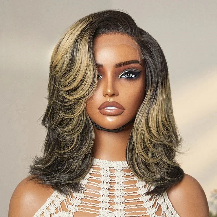 Layered bob wig to add volume and dimensionOmbre Blonde Layered Highlight Wavy Human Hair Bob Lace Front Wig