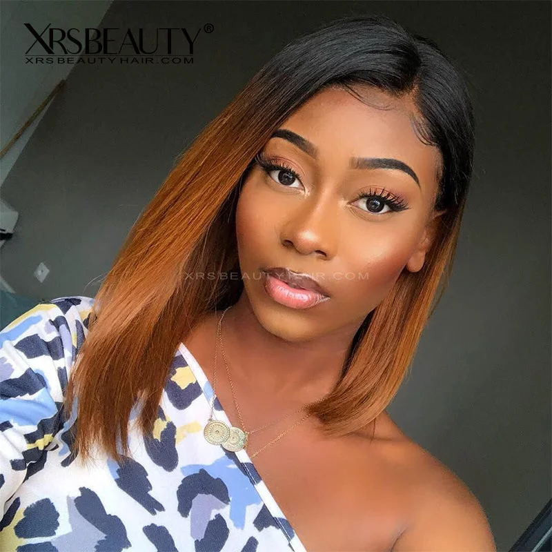 Layered bob wig to add volume and dimension1B#30 Ombre Brown Straight Human Hair Lace Front Bob Wig Pre Plucked Hairline [BOB13]