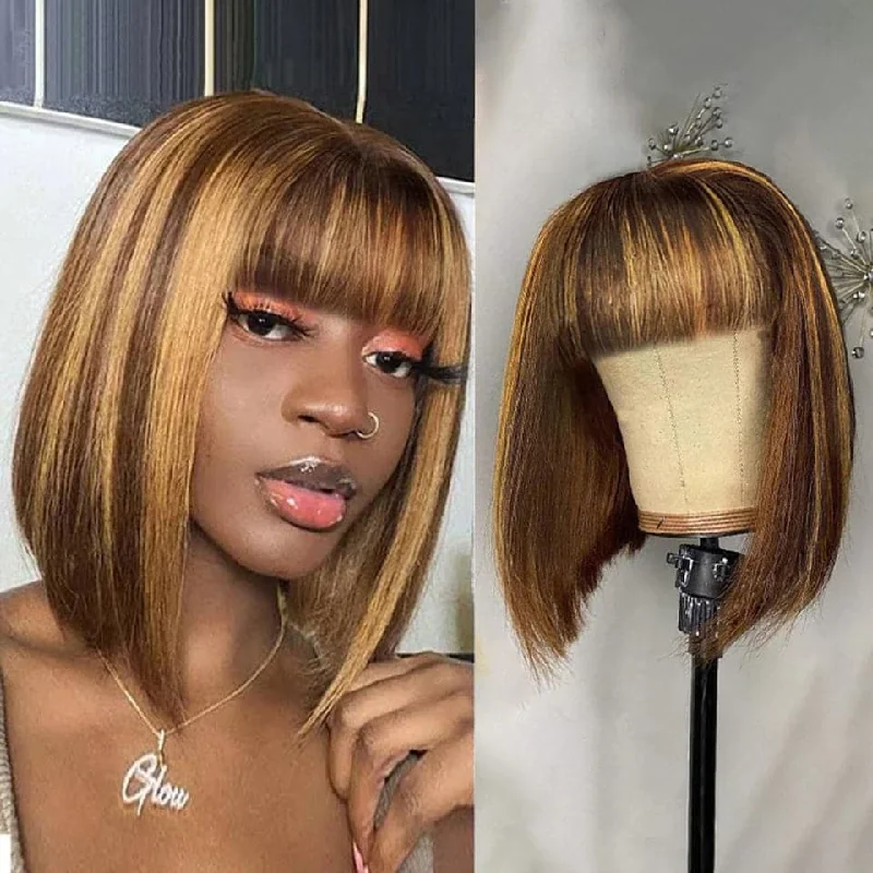 Synthetic bob wig with a natural - looking textureP4/27 Highlight Straight Bob Full Machine Made Wigs None Lace For Women